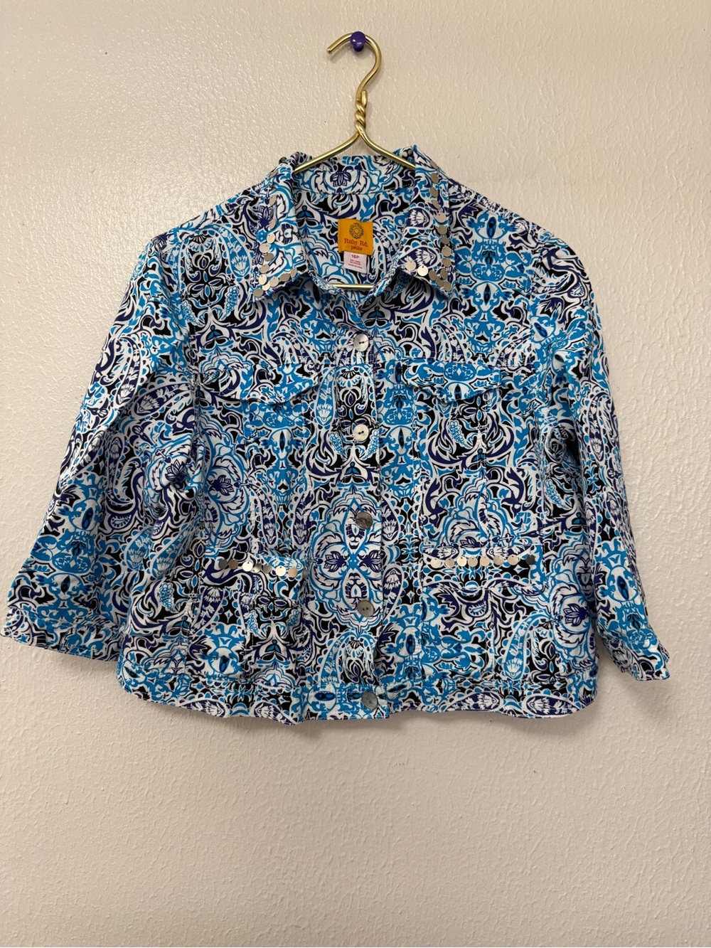 Ruby Rd.  Cropped Blue Paisley Button-Up Jacket With Silver Metal accents.